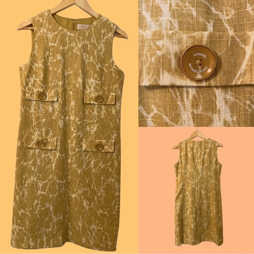 Michael Kors Mustard and White Patterned Sleeveless Shift Dress